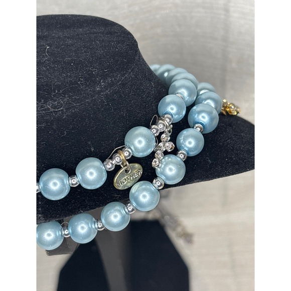 Blue Pearl Religious Rosary Necklace Charm Accents Mother Pray Crown Cross Angel - Picture 9 of 10